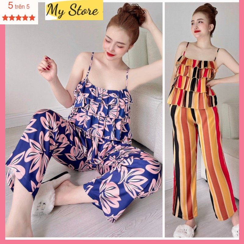 Đồ bộ Pijama tiểu thư dễ thương tay ngắn quần dài vải lụa latin thiết kế mịn mát ,freesize dưới 62kg MY STORE