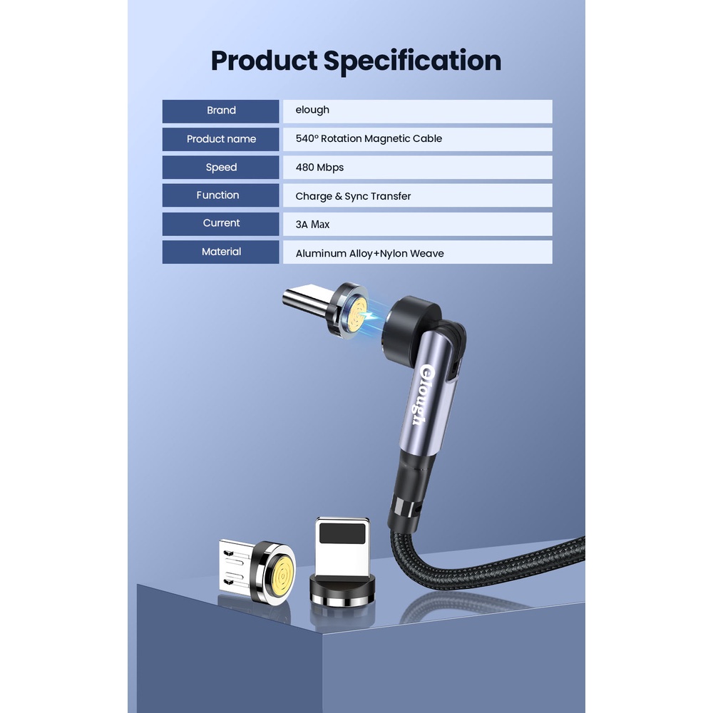 Dây Cáp Sạc Nhanh 3A USB Type C / IOS / Micro Có Nam Châm Xoay 540 Độ Tiện Dụng