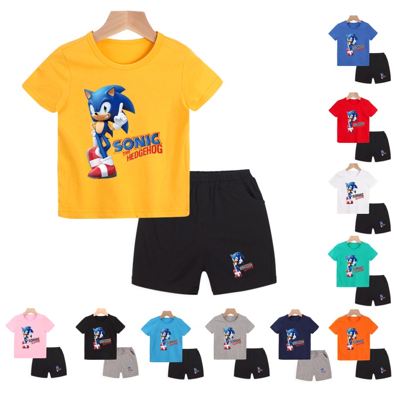 Set Áo Thun Tay Ngắn Và Quần Dài In Hình Sonic Hoạt Hình Thời Trang Cho Bé Trai