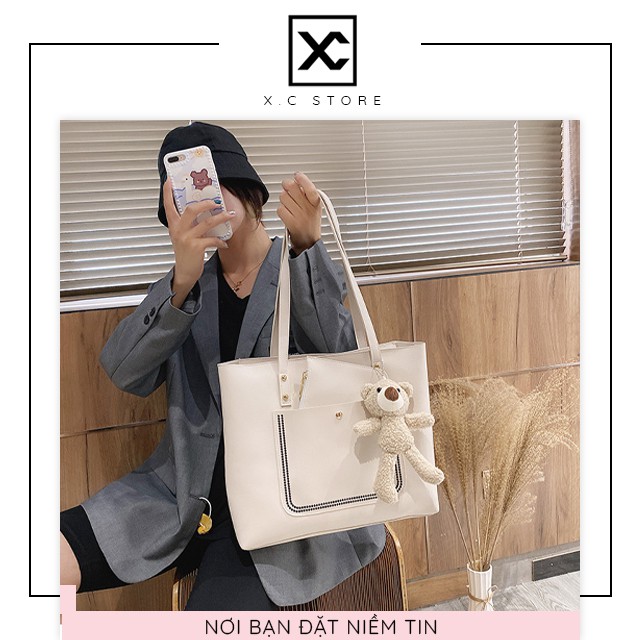 [Giảm 50K &amp; Tặng Ví Da] Túi tote da kèm gấu nữ XC-1078, da trơn đựng giấy a4 laptop kiểu túi tote công sở