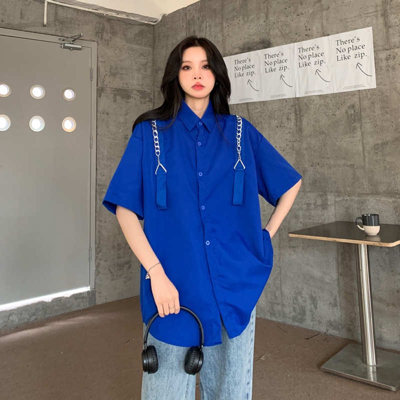 【ZHELIHANGFEI】Áo Sơ Mi Tay Dài Dáng Rộng Màu Xanh Klein Dễ Phối Đồ
