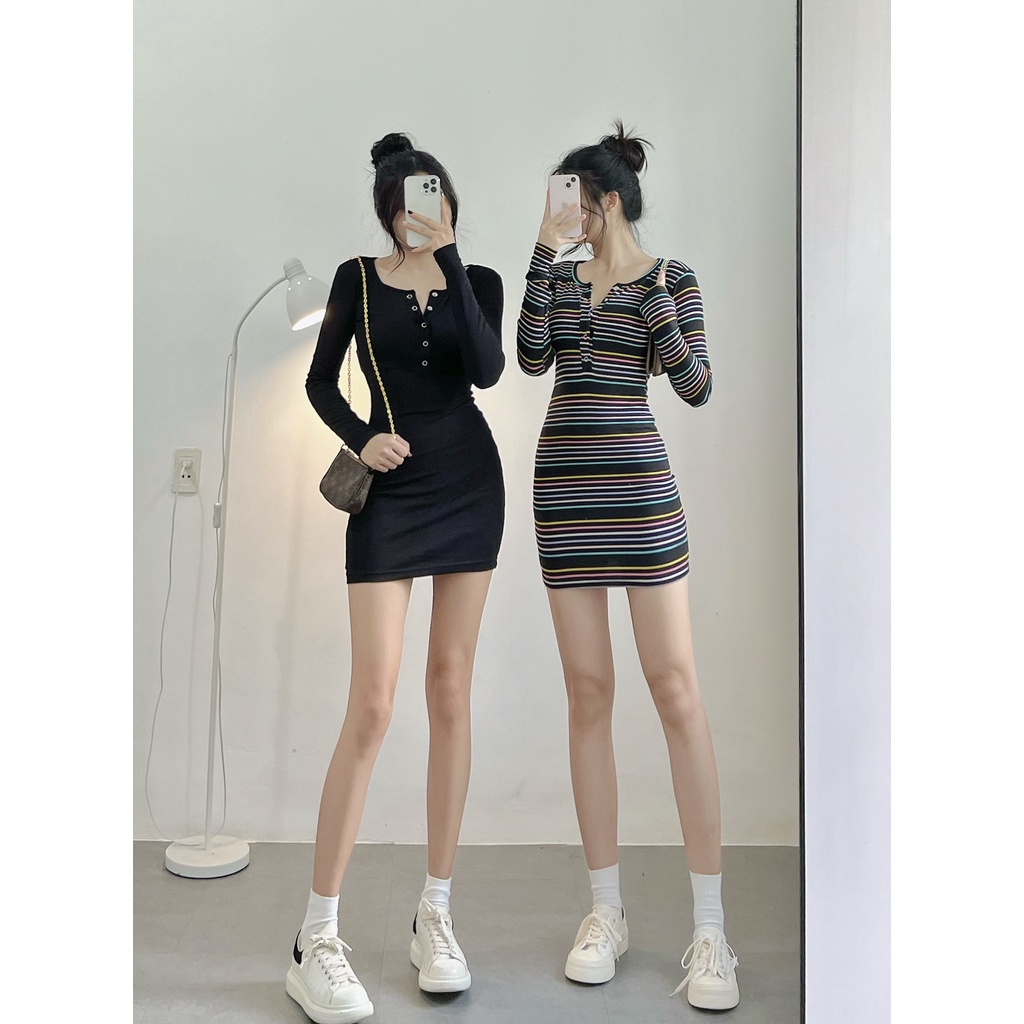 Đầm body nữ tay dài HHVINTAGE kiểu bấm nút Dress A14