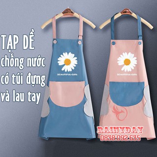 Tạp dề nấu ăn nail pha chế vải chống thấm nước nữ phục vụ hoa cúc có túi đựng và lau tay dáng dài