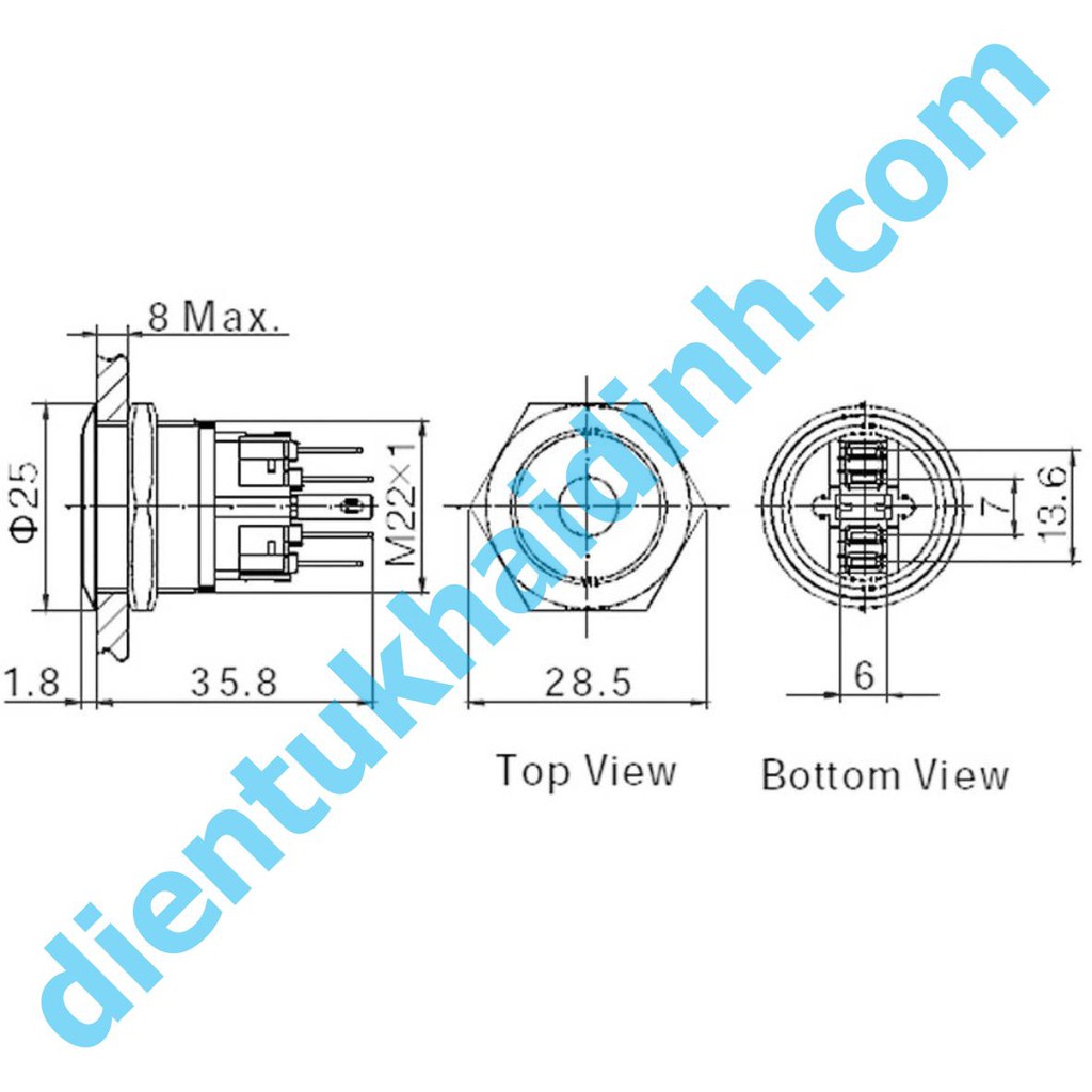 nút nhấn inox ON/OFF, nhấn giữ chống nước, dạng tròn khoét lỗ 22mm, GQ22 đầu phẳng, led vòng tròn có 5 màu kde5896