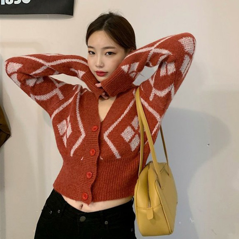 Áo Cardigan Dệt Kim Tay Dài Cổ Chữ V Ôm Eo Đính Đá Kiểu Retro Hàn Quốc Thời Trang Cho Nữ