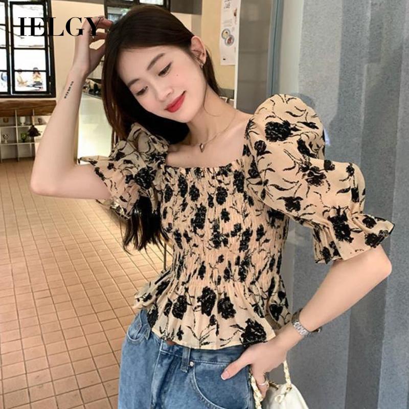 IELGY Áo Chiffon Tay Phồng Ngắn Cổ Vuông Phong Cách Pháp Thời Trang Cho Nữ