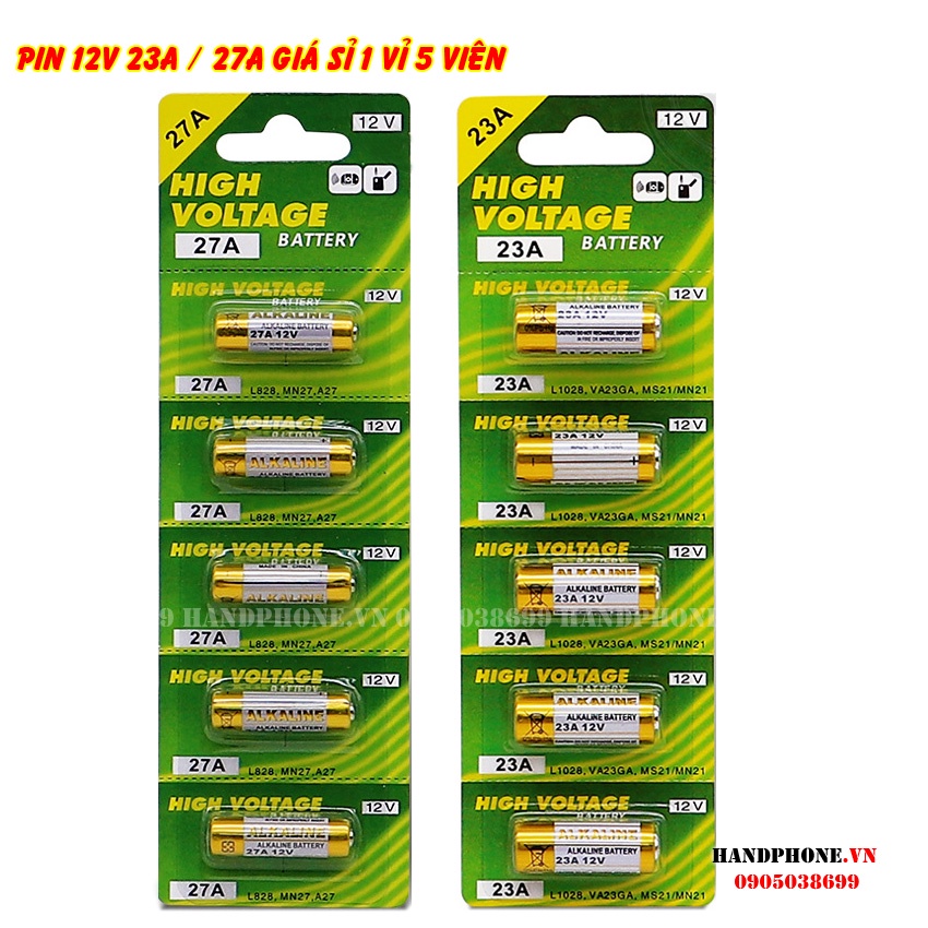 1 vỉ 5 viên pin ALKALINE 23A 27A 12V Pin điện áp cao cho Chìa khóa điện, điều khiển cửa cuốn, chuông cửa, báo động