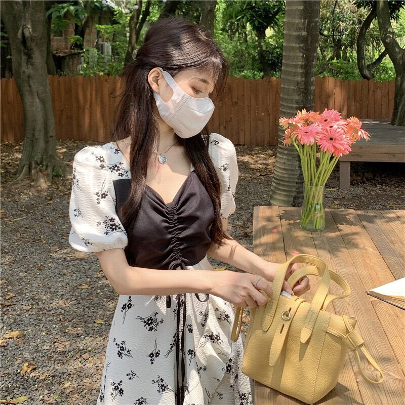 Đầm hoa PERTY cổ vuông dáng chữ A phong cách Hàn Quốc thời trang cho nữ