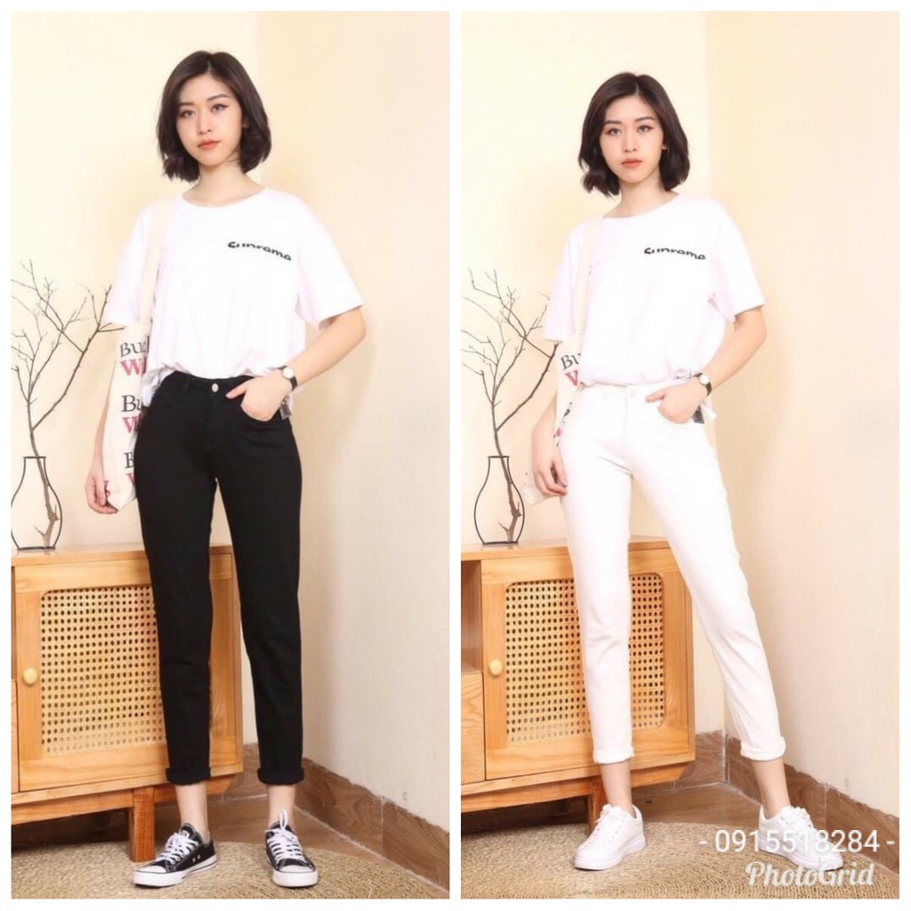 Quần jean nữ boy trơn gấu xắn ct jean, quần bò nữ dáng suông vải jean đen trắng shop.congso