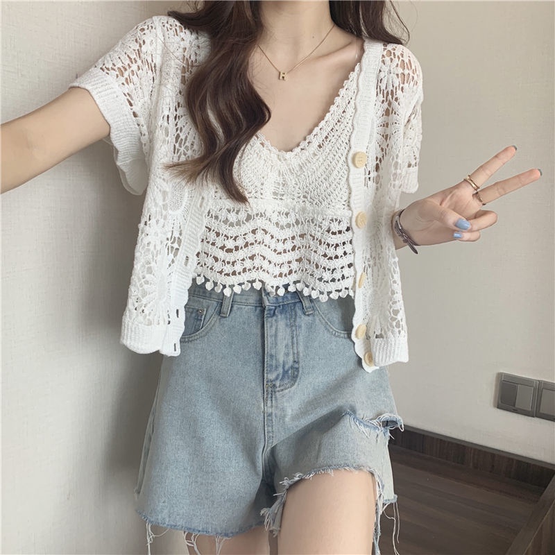 Áo Cardigan Ngắn Tay Phong Cách Phương Tây Mới + Áo Hai Dây Đan Móc