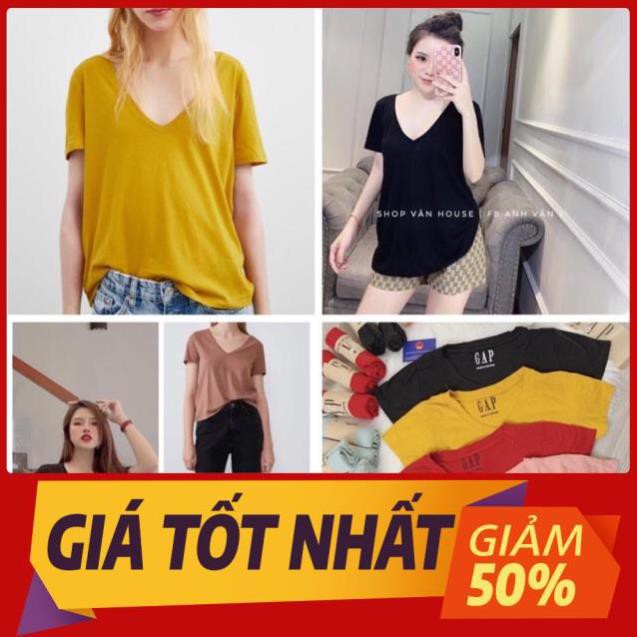 Video Sỉ Lẻ Áo phông GAP form rộng hàng đẹp XUẤT DƯ cổ tim V cộc tay nữ Áo phông giấy trơn thấm hút mồ hôi new