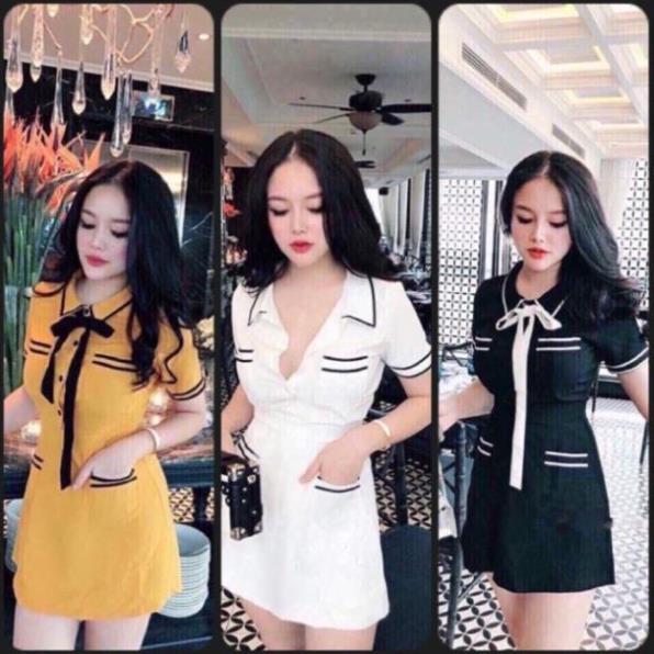TSL-Video ảnh thật, đầm dự tiệc xoè cổ áo sơ mi túi viền cột nơ tay ngắn giá rẻ vàng, trắng, đen thời trang TASA