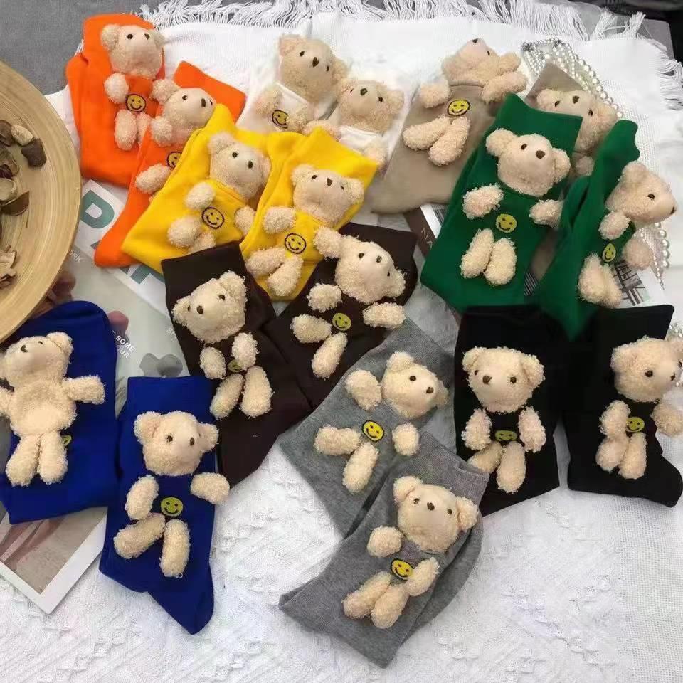 Vớ cotton Cổ Vừa Họa Tiết Gấu Bông Ba Chiều Phong Cách Nhật Hàn Mới Cho Nữ