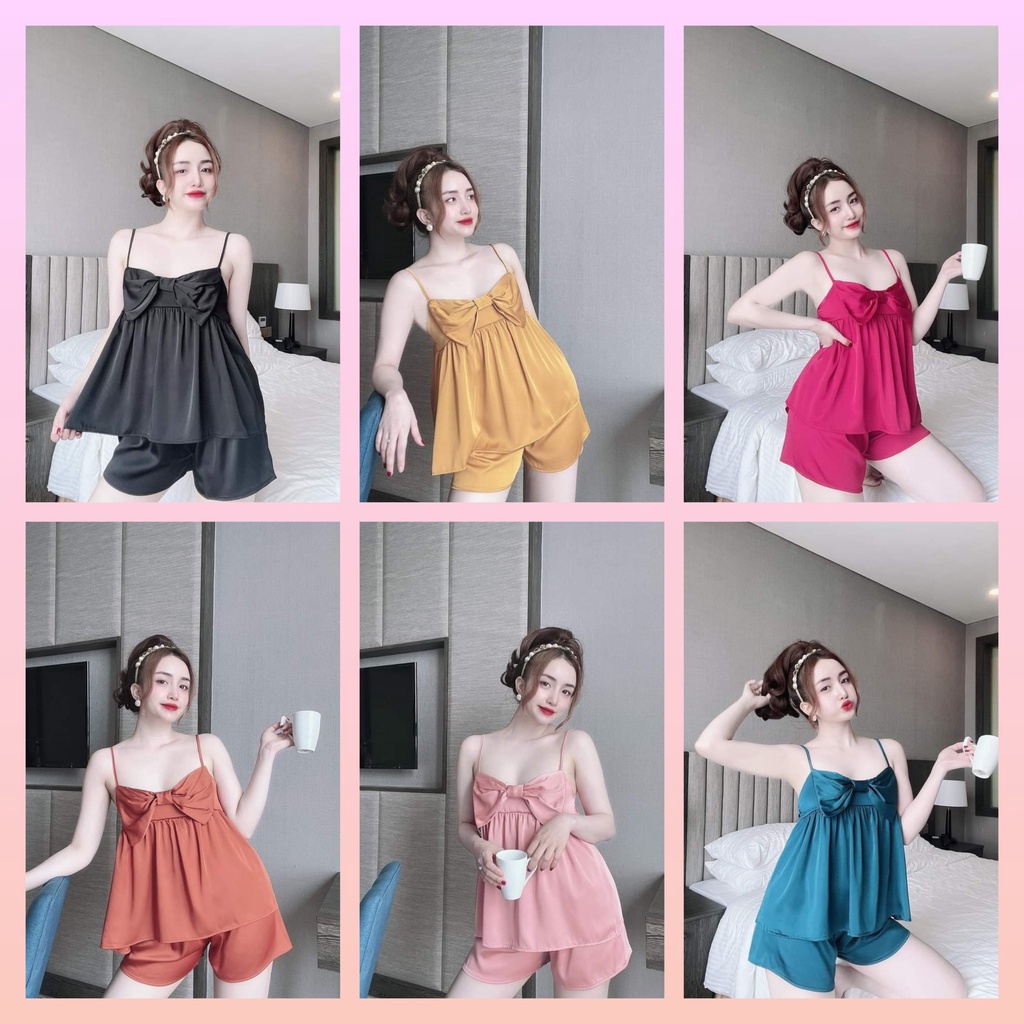 Đồ ngủ sexy, đồ ngủ hai dây, đồ bộ nữ mặc nhà satin nơ lớn mềm mịn mát dưới 55kg - cn67