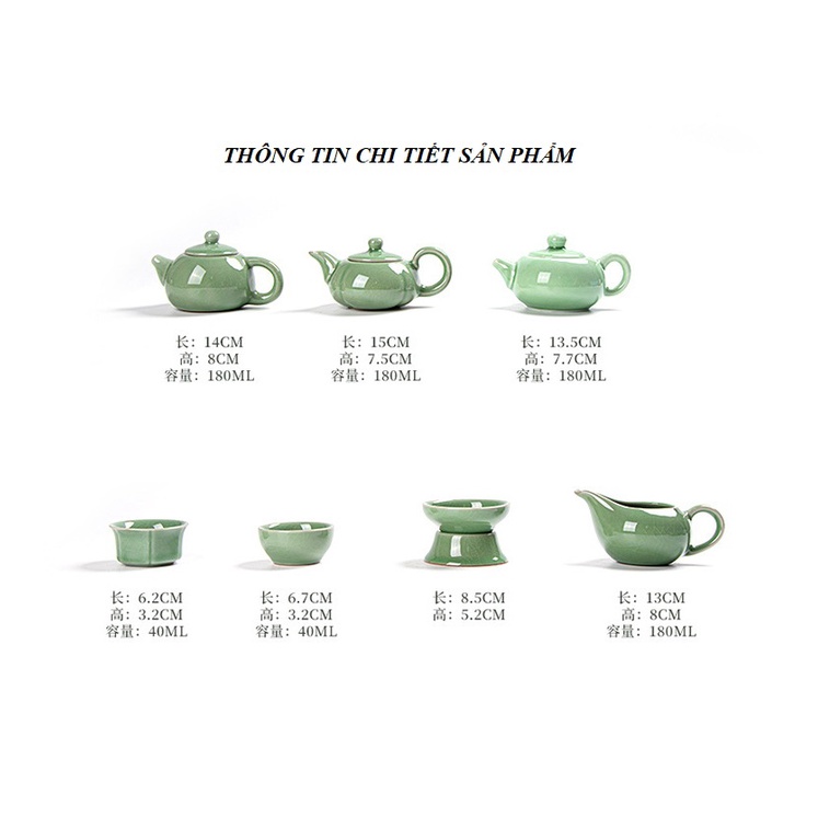 Bộ ấm chén sứ pha trà đạo men rạn xanh ngọc cao cấp