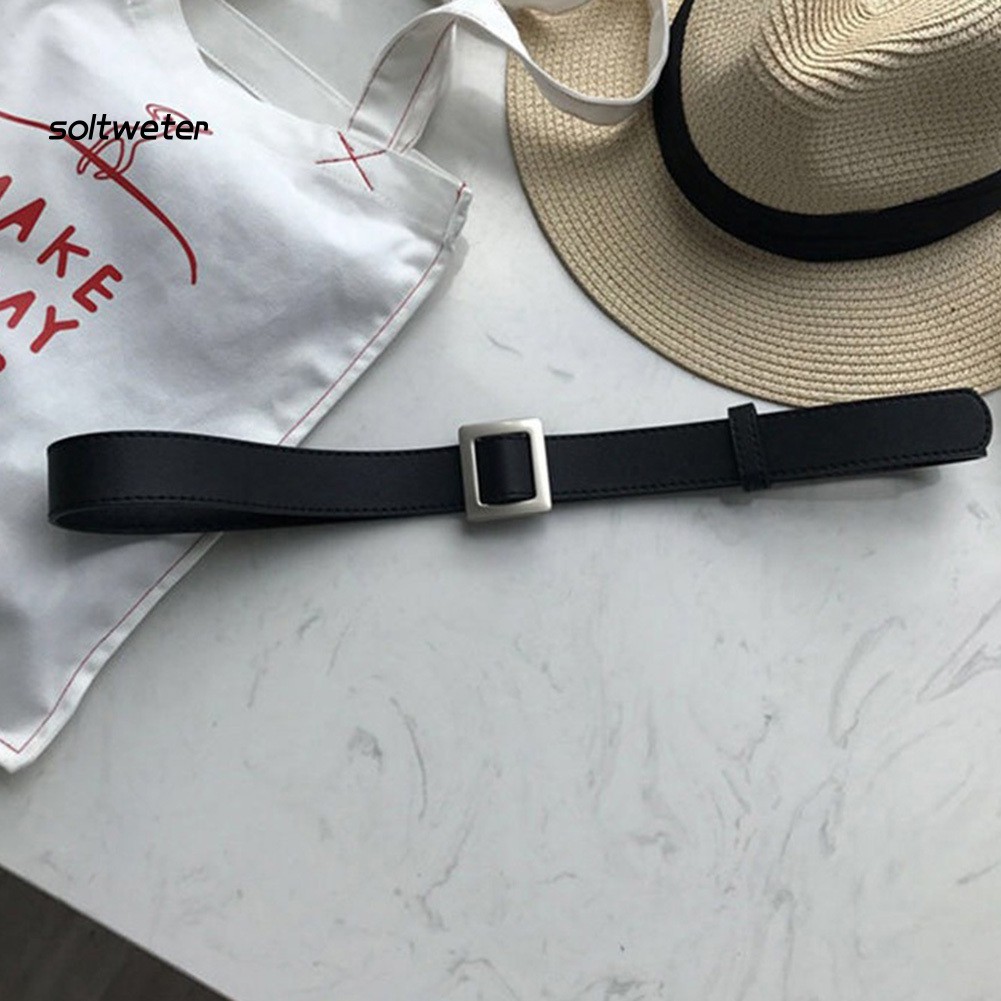 Dây thắt lưng da giả màu trơn khóa cài kim loại thời trang dành cho nữ