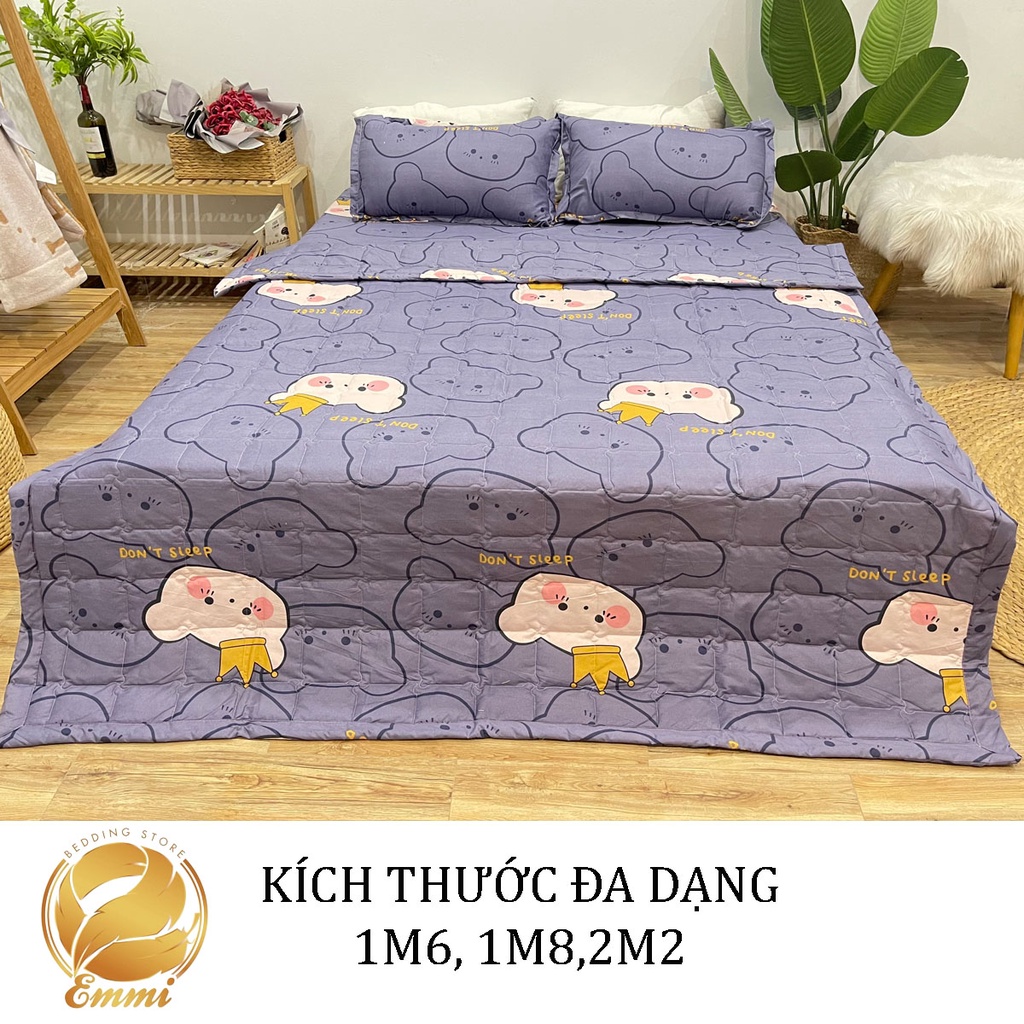 Set ga gối chăn hè chần bông Cotton 5 món EMMIBedding, mẫu gấu vương niệm mền cotton họa tiết đáng yêu