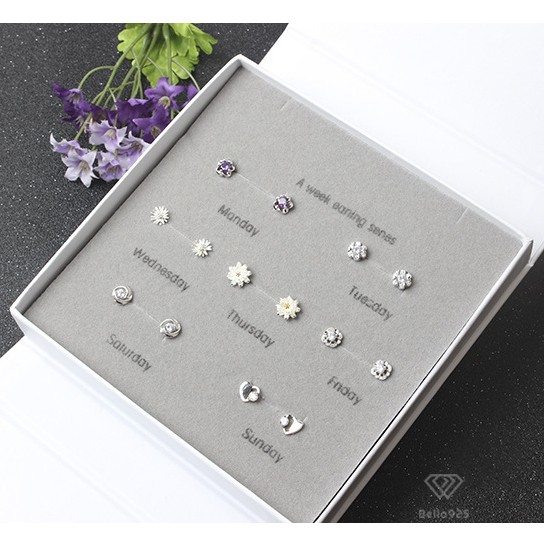 Bông tai bạc Bella 925 bộ 7 ngày hàng hộp trắng sang trọng
