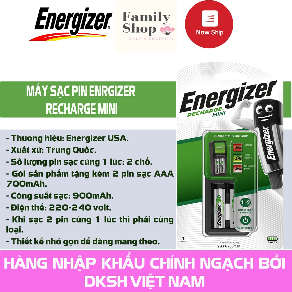 [Hàng Chính Hãng] 1 Bộ Sạc Pin Energizer Recharge Mini CH2PC4 Kèm 2 Pin AAA 700mAh