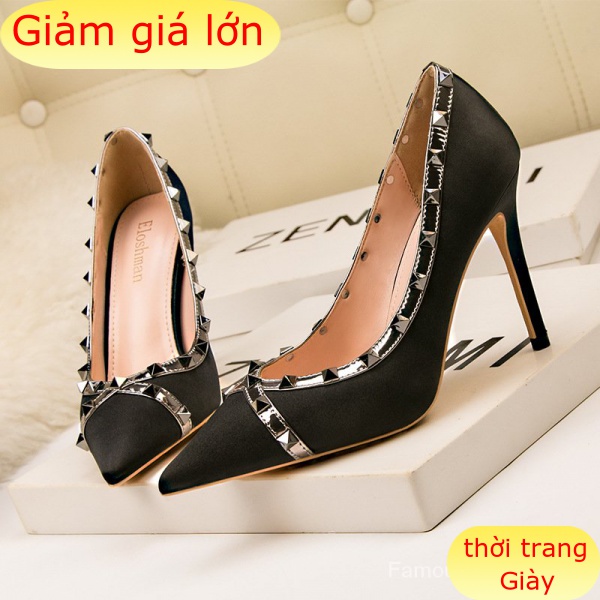 Giày Cao Gót 10cm Mũi Nhọn Đính Đinh Tán Quyến Rũ