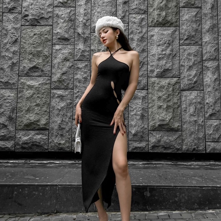 Đầm Body Cổ Yếm Khoét Eo Cách Điệu LSEOUL V1401 Chất Thun Gân Co Dãn Tôn Dáng