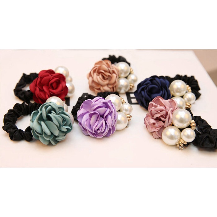 Dây Buộc Tóc vải Handmade Nữ Hàn Quốc Dễ Thương đính ngọc trai, hoa hồng - Phụ kiện, đồ buộc tóc đuôi ngựa