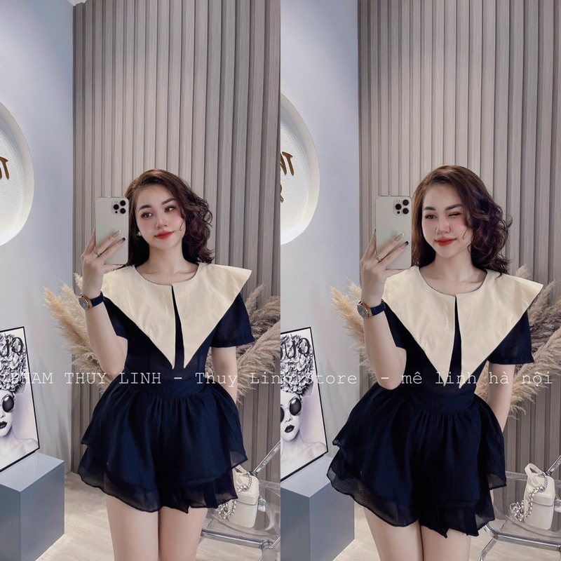 Set piter cổ nhọn mix quần đùi xoè 2 lớp