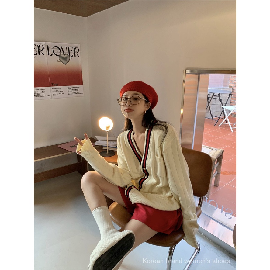 Áo khoác cardigan dệt kim tay dài dáng rộng màu sắc tương phản thời trang mùa thu cho nữ