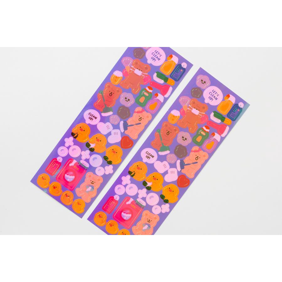 Set 2 Tấm Sticker ARTBOX Hàn Quốc Hình Chú Gấu Đang Dọn Vệ Sinh Phản Quang Lấp Lánh