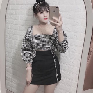 Set áo kẻ caro và chân váy chữ A