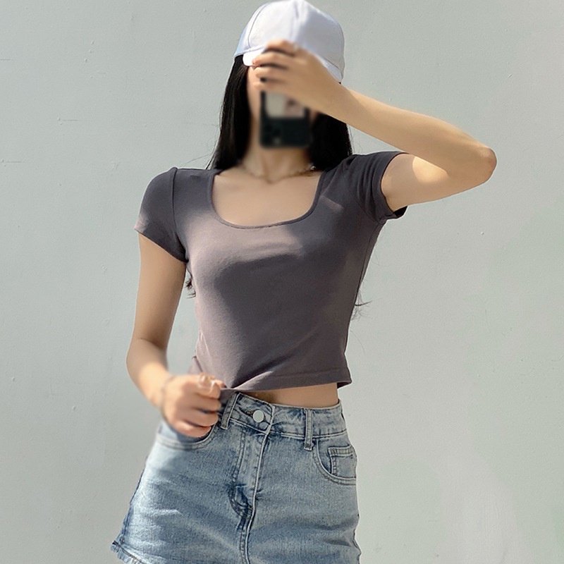 Áo Thun Lửng Tay Ngắn Cổ Vuông Thời Trang Tập Yoga Cho Nữ