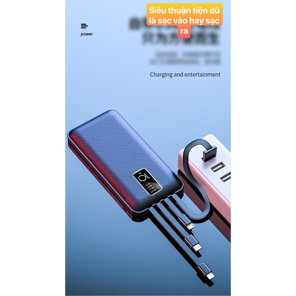 Pin Sạc Dự Phòng chuẩn 10000 mAh tích hợp 4 Cổng loại cáp iphone,android, type c, không cần mang cáp, CHỐNG CHÁY NỔ