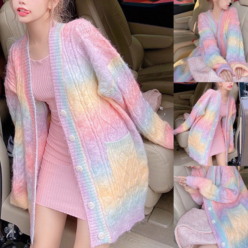 Áo Khoác Cardigan Dệt Kim Tay Dài Dáng Rộng Màu Cầu Vồng Thời Trang Cho Nữ