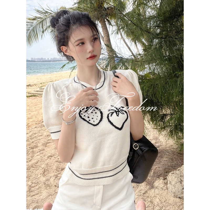 Enjoy Freedom Áo Dệt Kim Tay Phồng Dáng Rộng Thời Trang 2022 Cho Nữ áo croptop