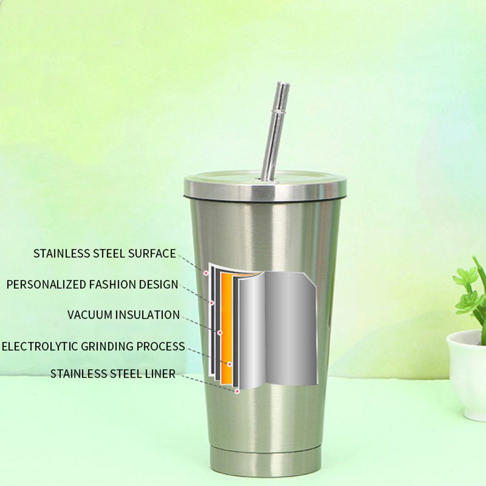 Cốc uống nước bằng thép không gỉ 500ml kèm ống hút tiện dụng