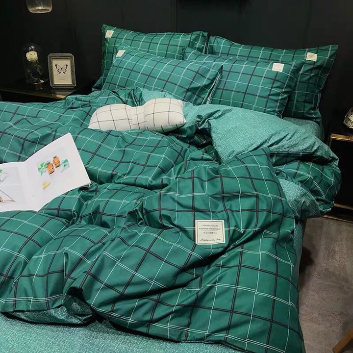 Bộ chăn ga gối drap giường chất cotton poly họa tiết kẻ xanh lá đạm