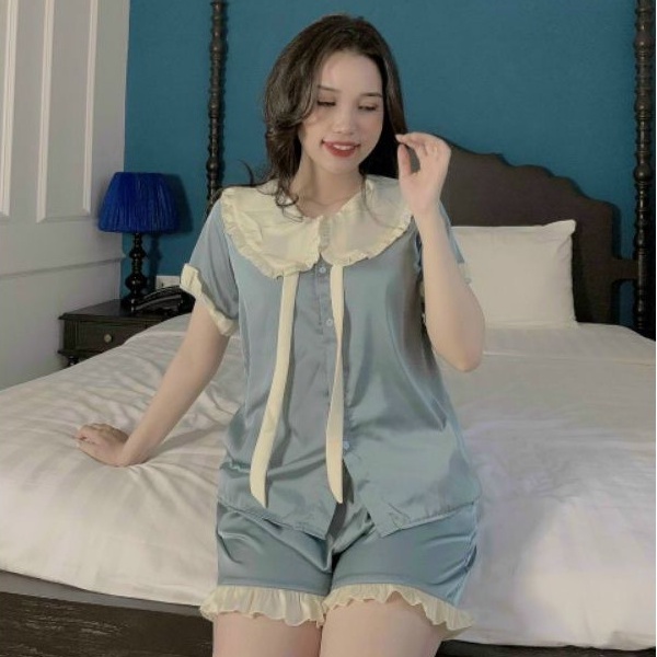 Bộ ngủ nữ pijama bèo tiểu thư chất phi lụa tay cộc quần đùi mặc nhà thoải mái dễ thương giá rẻ H50