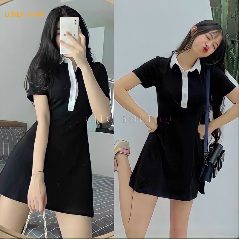 Váy Polo CỔ ĐỨC ,Đầm Polo Thun Suông Ôm Body Cổ Bẻ Cúc Cài