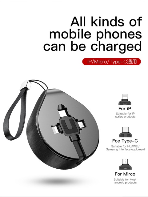 Cáp sạc nhanh dây rút gọn Baseus Waterdrop LV271 tích hợp 3 đầu Type C/Micro USB/