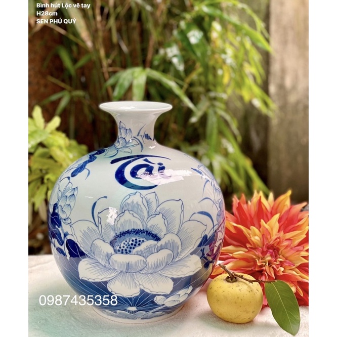 Bình hút lộc sen lam Tài Lộc gốm sứ Bát Tràng