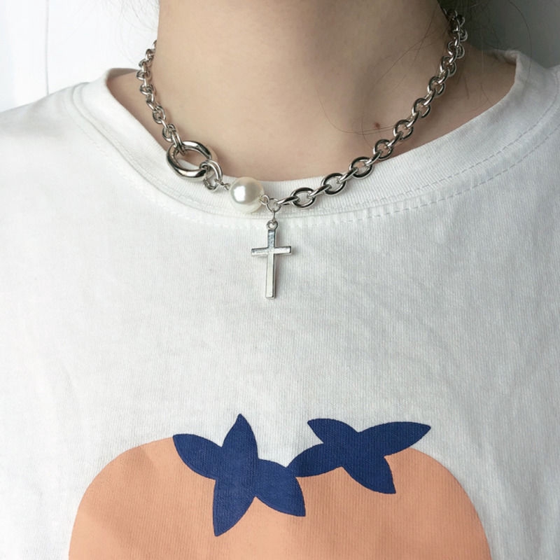 Vòng cổ chuỗi xích mặt chữ thập đính ngọc trai phong cách Hàn Quốc Nhật Bản 22374