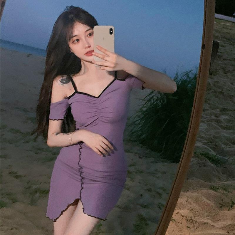 Đầm Hai Dây Trễ Vai Màu Tím Phong Cách Pháp Quyến Rũ