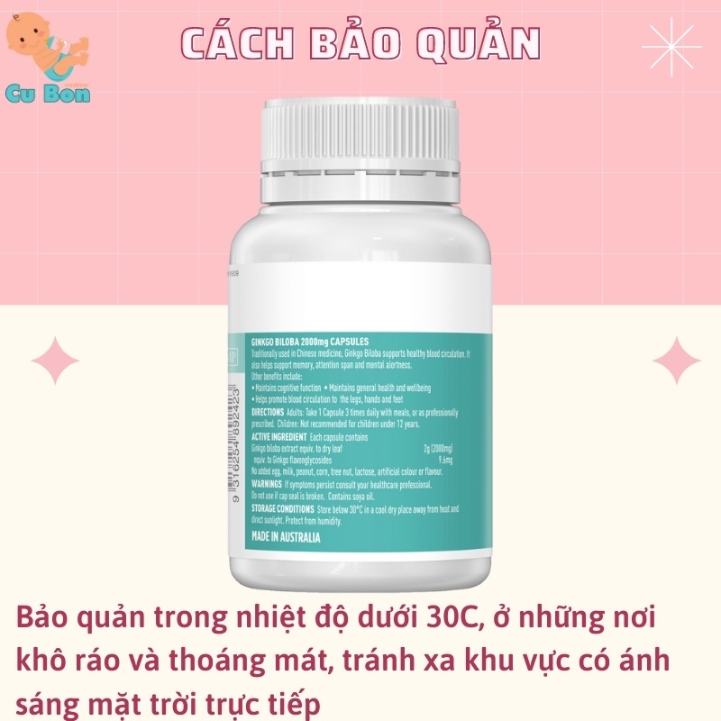 bổ não ginkgo biloba 2000mg Healthy Care của Úc giúp tuần hoàn máu não trí nhớ cho bé từ 12 tuổi và người lớn người già