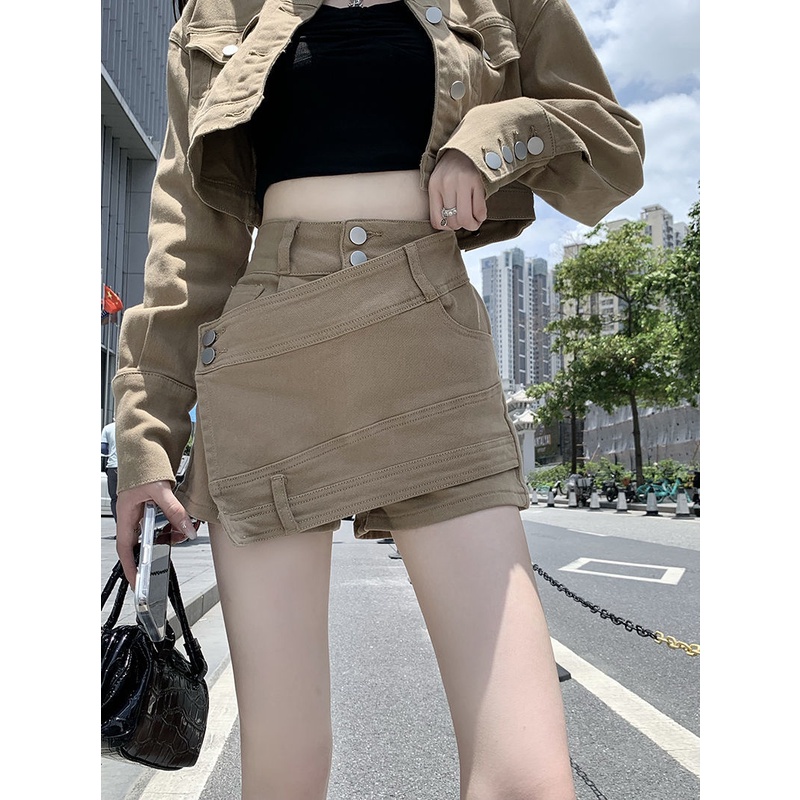 Áo Khoác Kaki Ngắn + Quần Ngắn Lưng Cao Ôm Dáng Thời Trang Đường Phố Mới Cho Nữ