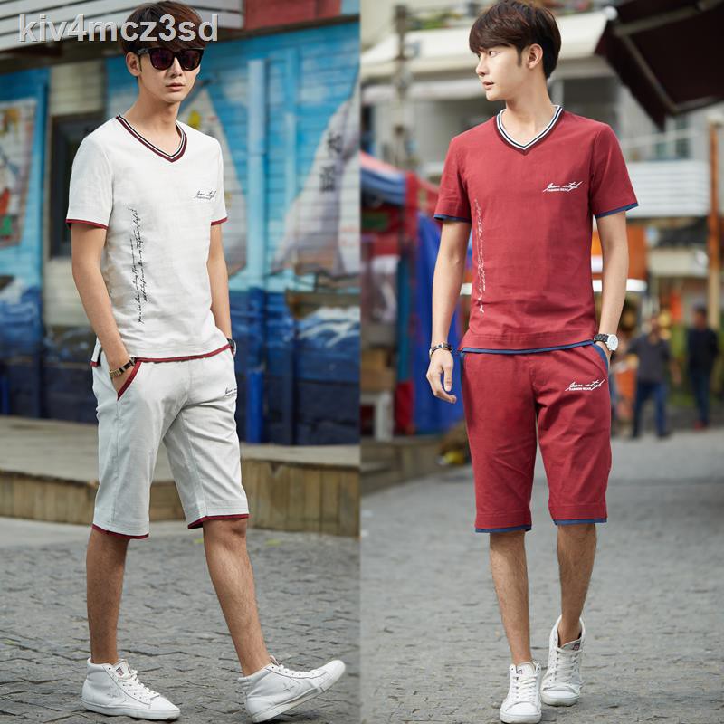 Trang Phục thể thaoquần thể thao✱Bộ quần áo thể thao nam mùa hè Hàn Quốc đùi ngắn tay mỏng bằng vải cotton và chạ