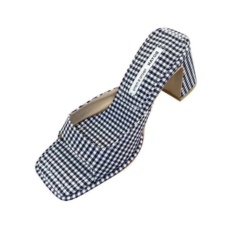 №۩◇Giày Sandal Cao Gót Mũi Vuông Đế Dày Họa Tiết Sọc Caro Màu Sắc Tương Phản Thời Trang Pháp Cho Nữ