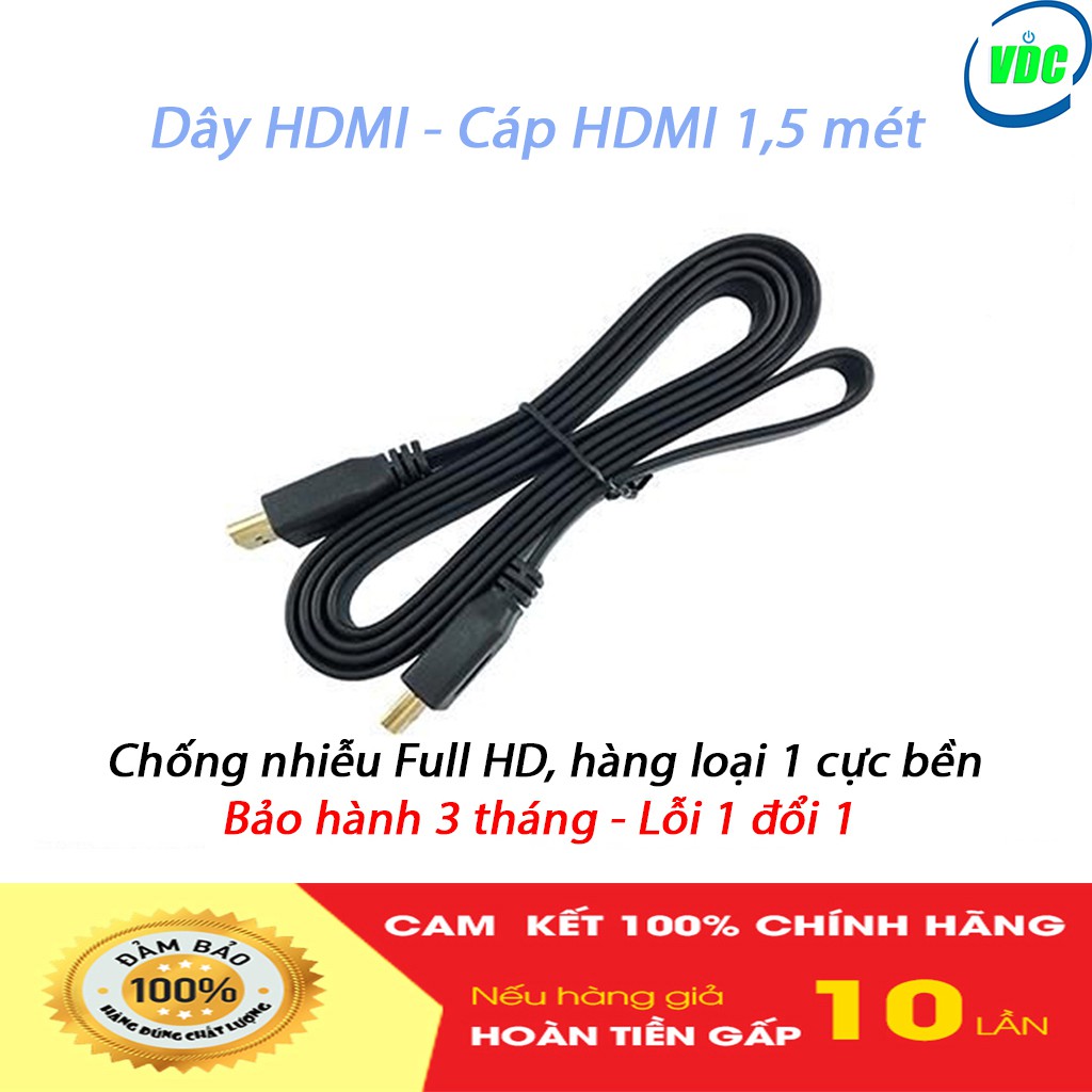 Dây HDMI - Cáp HDMI 1,5 mét - Loại dẹt - Màu đen - Bảo hành 6 tháng