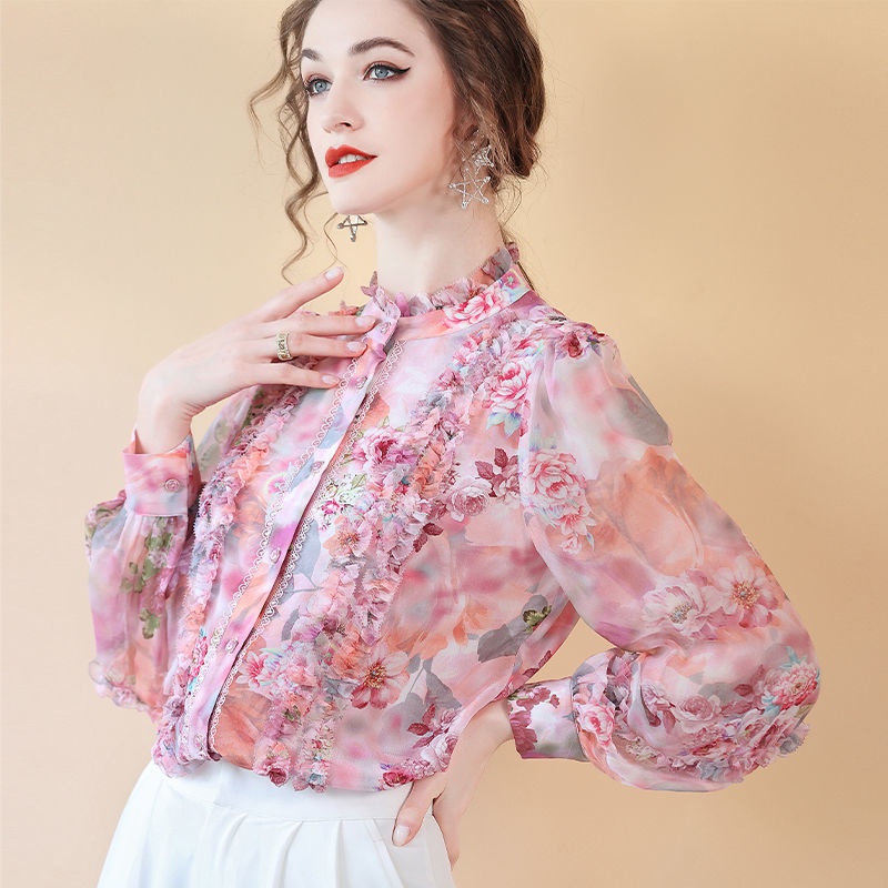 Áo Sơ Mi Hoa Dài Tay Phong Cách Hàn Quốc Sang Trọng