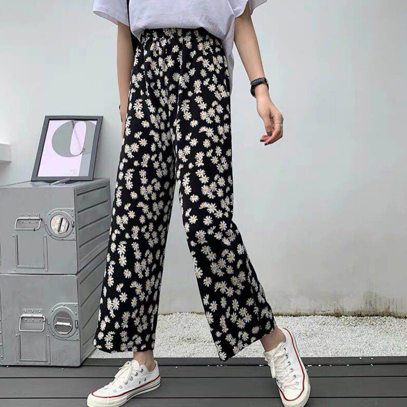 Quần Dài Ống Rộng Lưng Cao In Hoa Xinh Xắn Cho Nữ