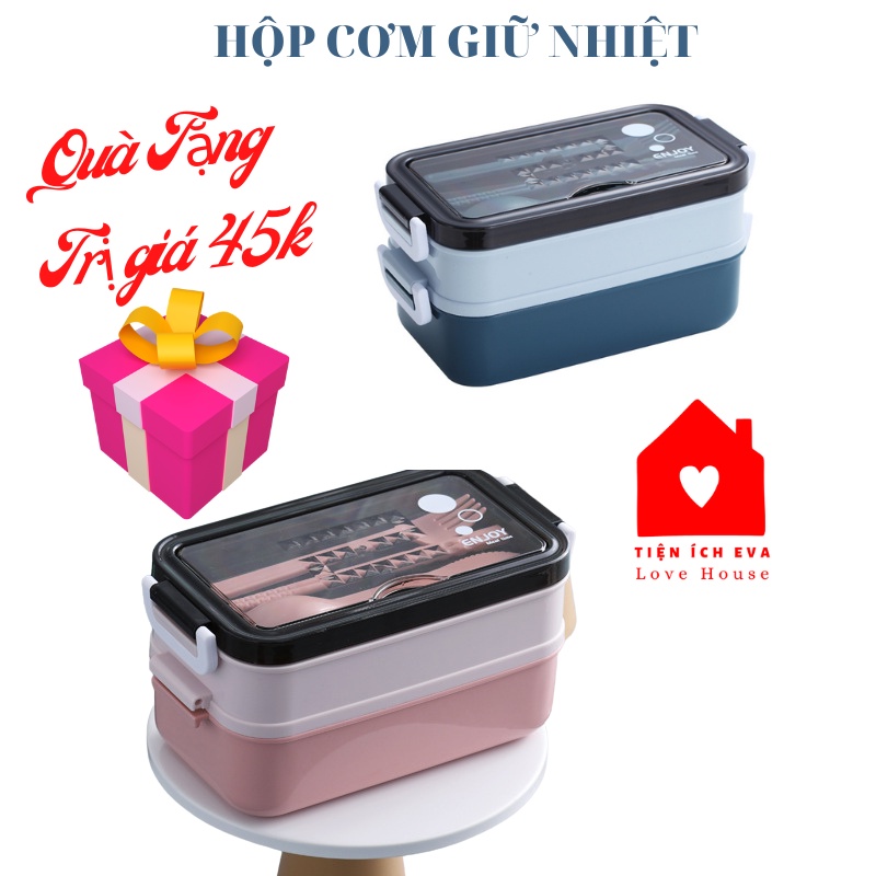 Hộp đựng cơm giữ nhiệt inox 304 2 tầng phong cách Nhật Bản an toàn tiện lợi cho người đi làm Tặng Túi Lunch Bag